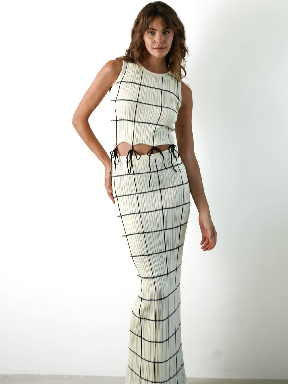 Sleeveless White Maxi Dress with Black Windowpane Grid